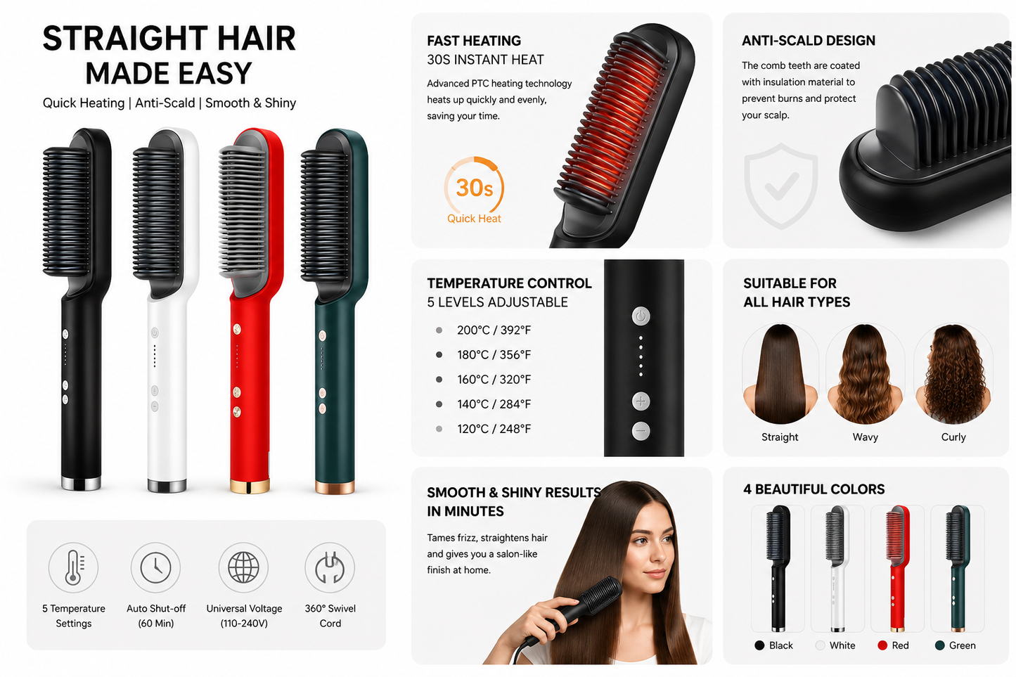 Electric Hair Straightening Comb – Fast Heating Hair Straightener Brush with Temperature Control