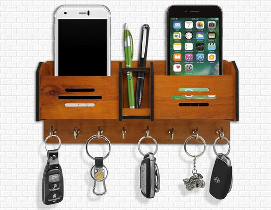 Wooden Wall Mounted Key Holder with Mobile Stand & Mail Organizer