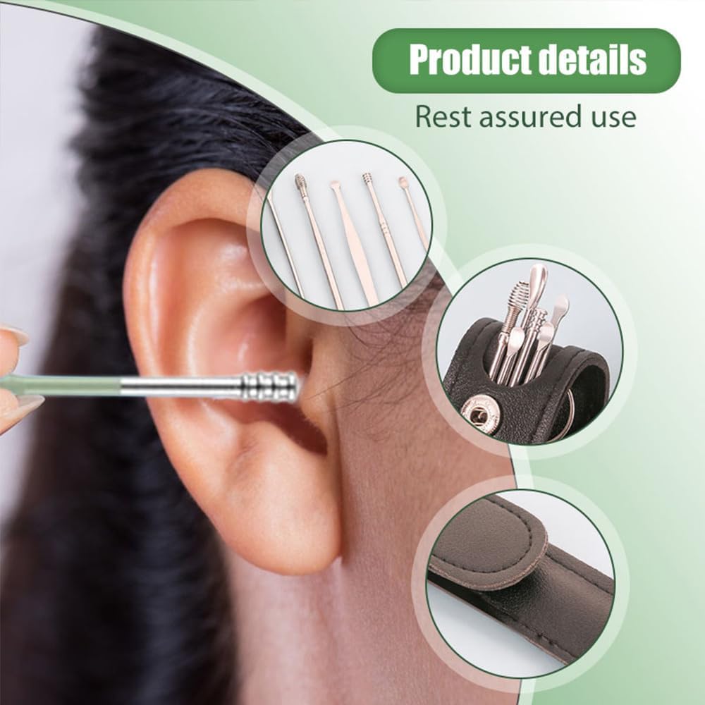 6-Piece Stainless Steel Ear Wax Removal Kit with Portable Leather Case | Reusable Ear Cleaning Tools