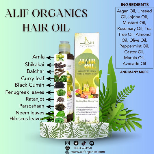 Alif Organics Herbal Hair Oil 200ml – Natural Herbs & Botanical Oils for Strong, Healthy & Shiny Hair