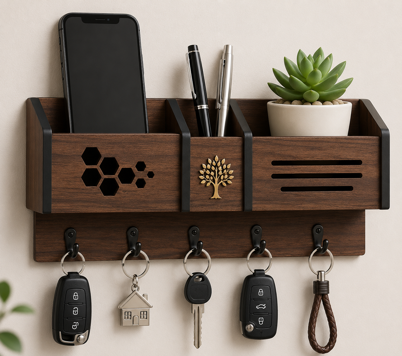 Wooden Wall Mounted Key Holder with Mobile Stand & Mail Organizer