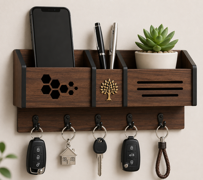 Wooden Wall Mounted Key Holder with Mobile Stand & Mail Organizer