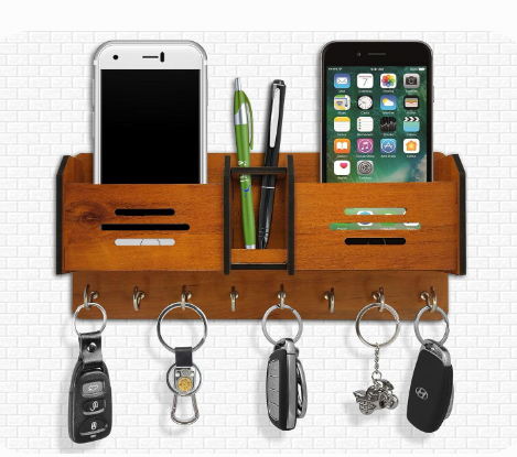 Wooden Wall Mounted Key Holder with Mobile Stand & Mail Organizer