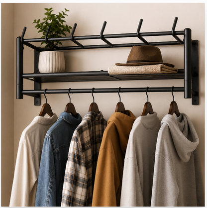 Wall Mounted Metal Coat Rack with Shelf – Entryway Organizer & Clothes Hanger