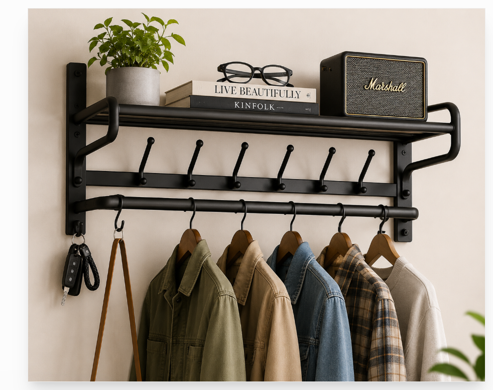 Wall Mounted Metal Coat Rack with Shelf – Entryway Organizer & Clothes Hanger