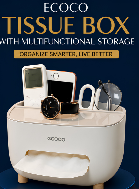 ECOCO Multifunctional Tissue Box Organizer – Premium Desktop Tissue Holder with StorageCompartments for Home & Office
