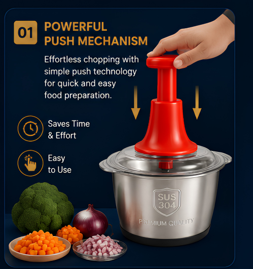 Manual Push Vegetable Chopper – Stainless Steel Food Chopper for Onion, Garlic & Vegetables