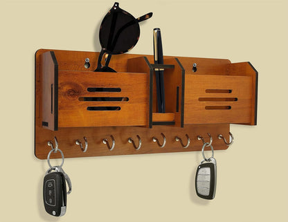 Wooden Wall Mounted Key Holder with Mobile Stand & Mail Organizer