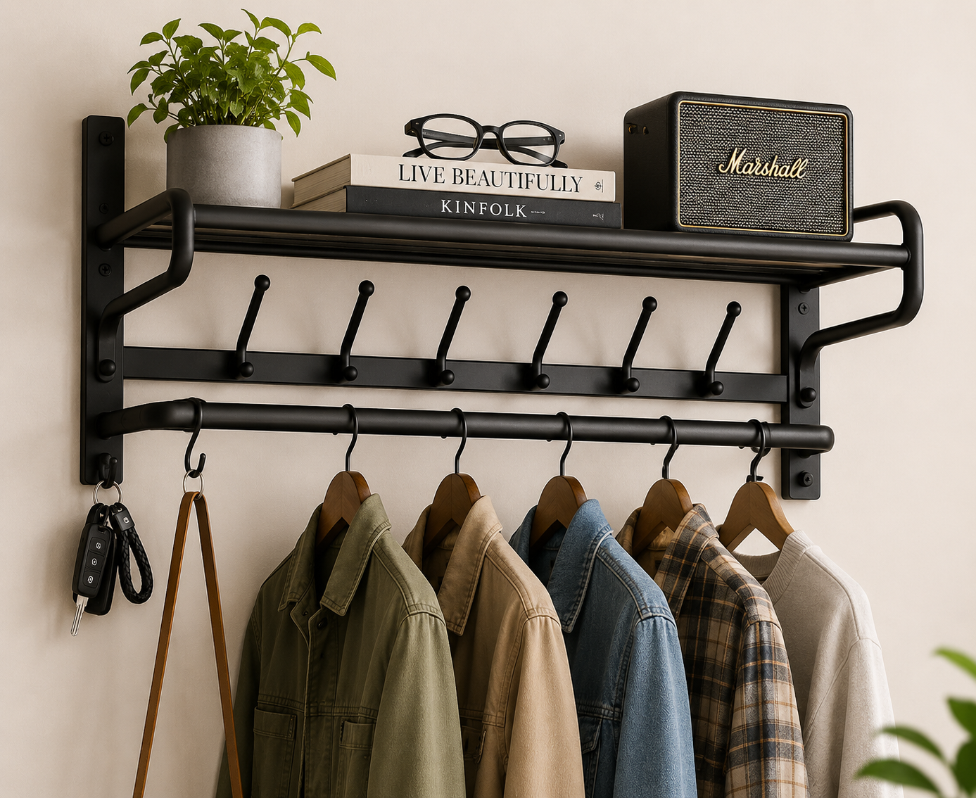 Wall Mounted Metal Coat Rack with Shelf – Entryway Organizer & Clothes Hanger