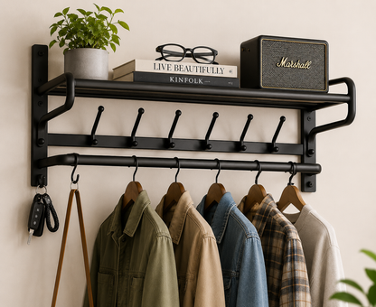 Wall Mounted Metal Coat Rack with Shelf – Entryway Organizer & Clothes Hanger